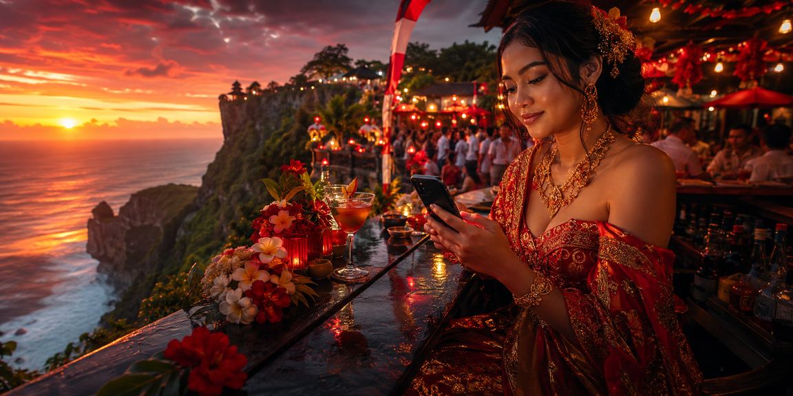 Pemain mengakses platform casino mobile di festival malam dengan suasana neon cerah