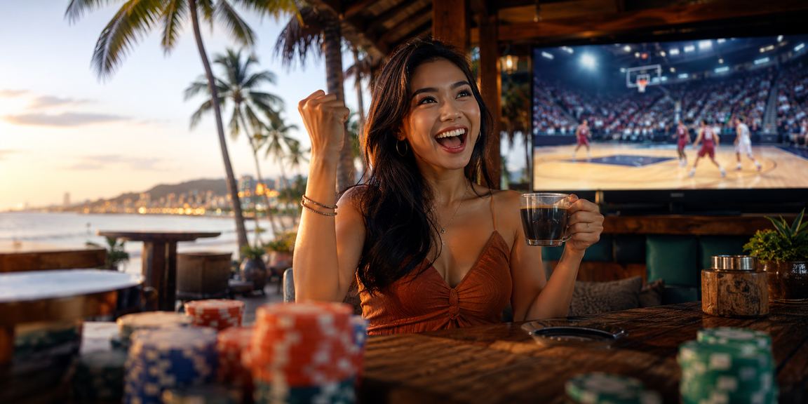 Layar taruhan basket di warung kopi Vietnam dengan grafis statistik pertandingan